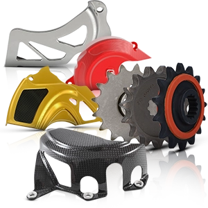 Motorcycle sprocket covers made of metal, plastic, and carbon.